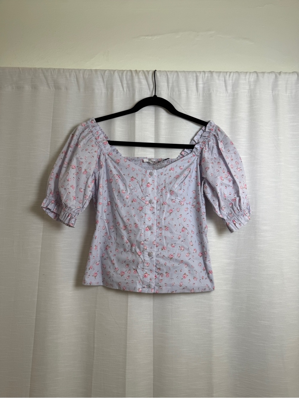 Lucca Los Angeles Blue Pink Floral Puff Sleeve Top Cottagecore | NWT Size XS - Picture 4 of 13